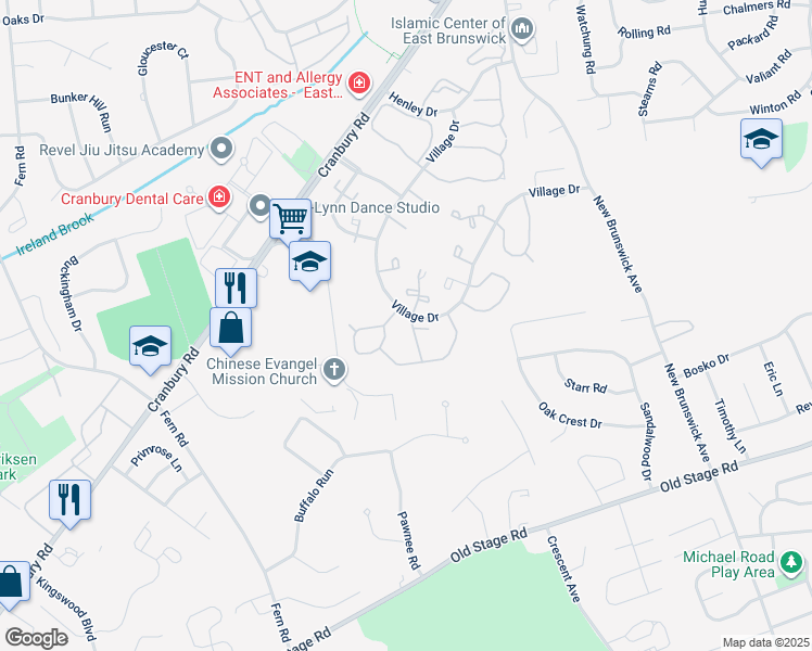 map of restaurants, bars, coffee shops, grocery stores, and more near 111 Applegate Lane in East Brunswick