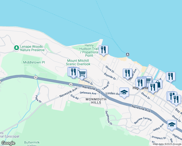 map of restaurants, bars, coffee shops, grocery stores, and more near 1 Scenic Drive in Highlands
