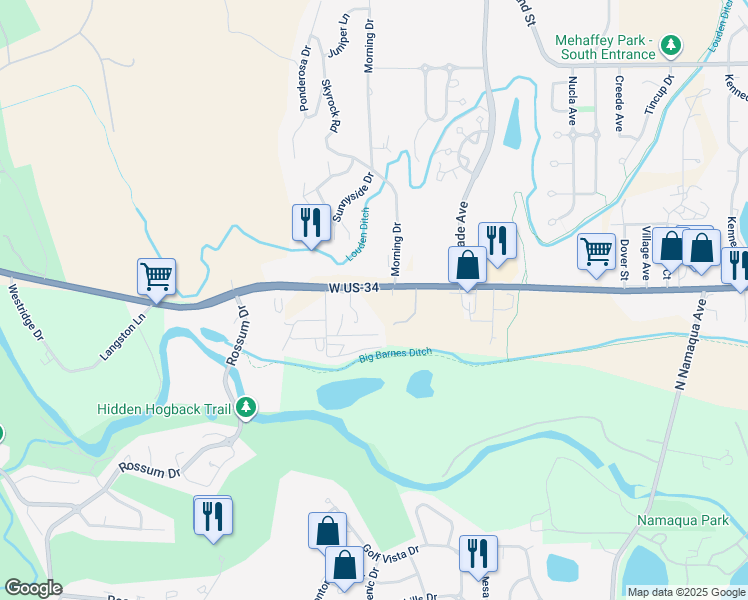 map of restaurants, bars, coffee shops, grocery stores, and more near 4104 West Eisenhower Boulevard in Loveland