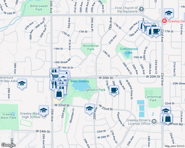 map of restaurants, bars, coffee shops, grocery stores, and more near 22 Cottonwood Creek Court in Greeley