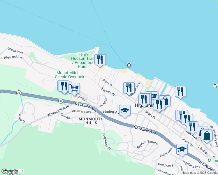 map of restaurants, bars, coffee shops, grocery stores, and more near 3 Mathews Street in Highlands