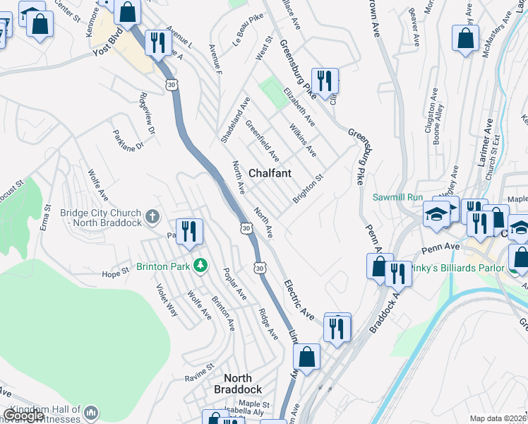 map of restaurants, bars, coffee shops, grocery stores, and more near 114 Parkway Avenue in East Pittsburgh