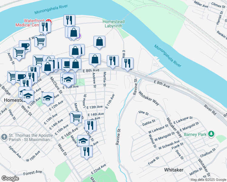 map of restaurants, bars, coffee shops, grocery stores, and more near 807 11th Avenue Exd in Munhall