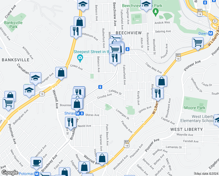 map of restaurants, bars, coffee shops, grocery stores, and more near 1817 Broadway Avenue in Pittsburgh