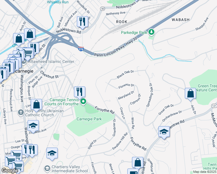 map of restaurants, bars, coffee shops, grocery stores, and more near 111 Florence Drive in Pittsburgh