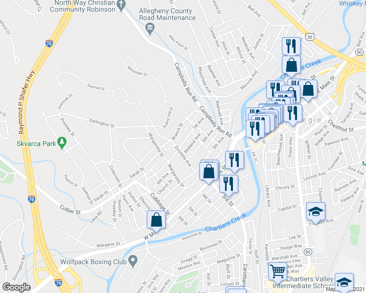 map of restaurants, bars, coffee shops, grocery stores, and more near 332 7th Avenue in Carnegie