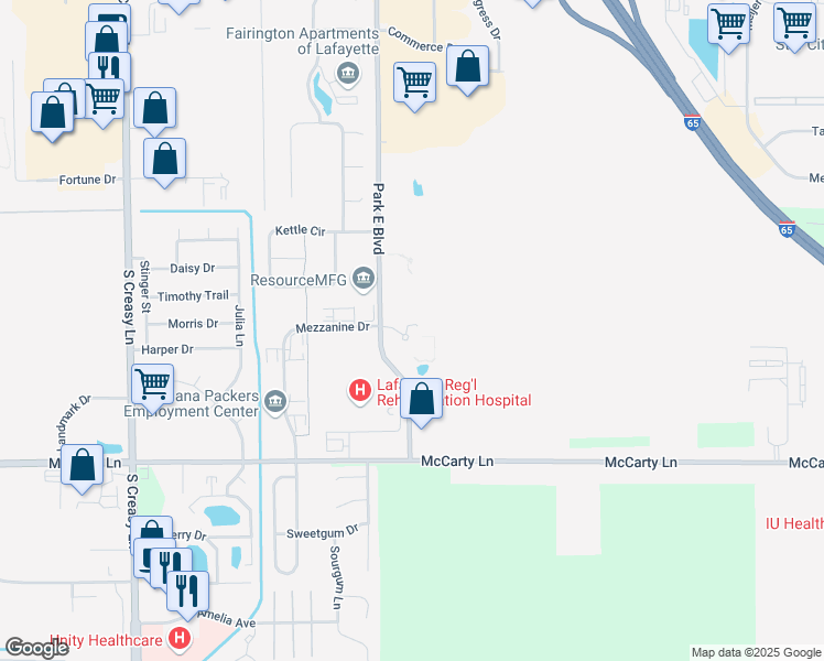 map of restaurants, bars, coffee shops, grocery stores, and more near 823 Park East Boulevard in Lafayette