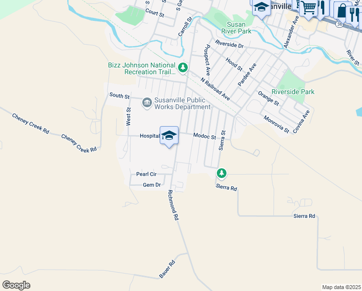 map of restaurants, bars, coffee shops, grocery stores, and more near 978-1338 Richmond Rd in Susanville
