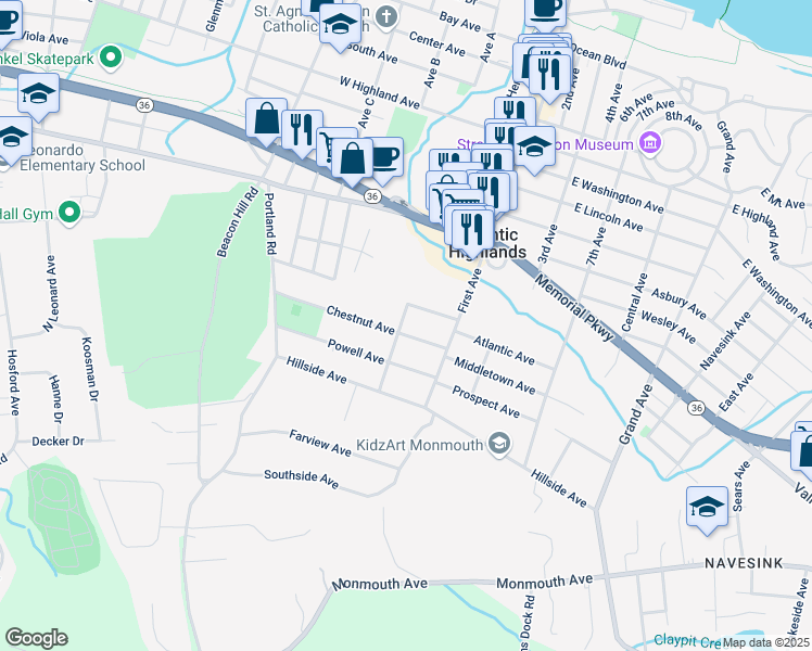 map of restaurants, bars, coffee shops, grocery stores, and more near 115 Brook Avenue in Atlantic Highlands