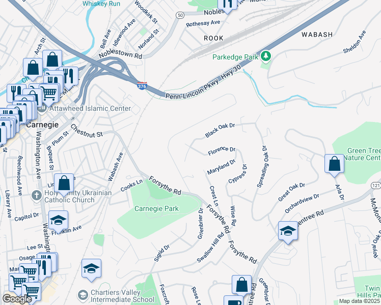 map of restaurants, bars, coffee shops, grocery stores, and more near 111 Florence Drive in Pittsburgh