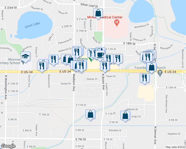 map of restaurants, bars, coffee shops, grocery stores, and more near 1538 East Eisenhower Boulevard in Loveland