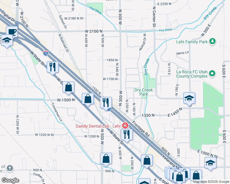 map of restaurants, bars, coffee shops, grocery stores, and more near 361 West 1560 North in Lehi