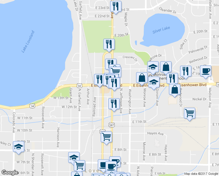 map of restaurants, bars, coffee shops, grocery stores, and more near 1355 N Lincoln Ave in Loveland