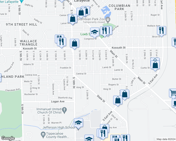 map of restaurants, bars, coffee shops, grocery stores, and more near 1015 South 20th Street in Lafayette