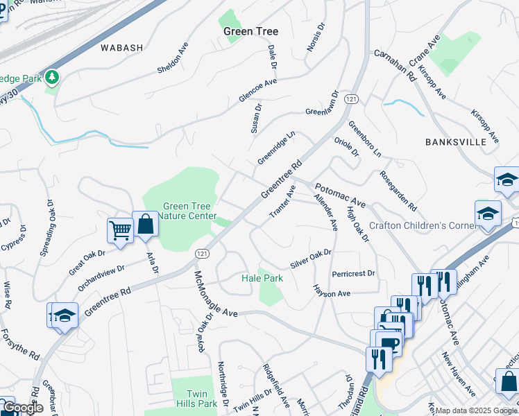 map of restaurants, bars, coffee shops, grocery stores, and more near 1181 Greentree Road in Pittsburgh