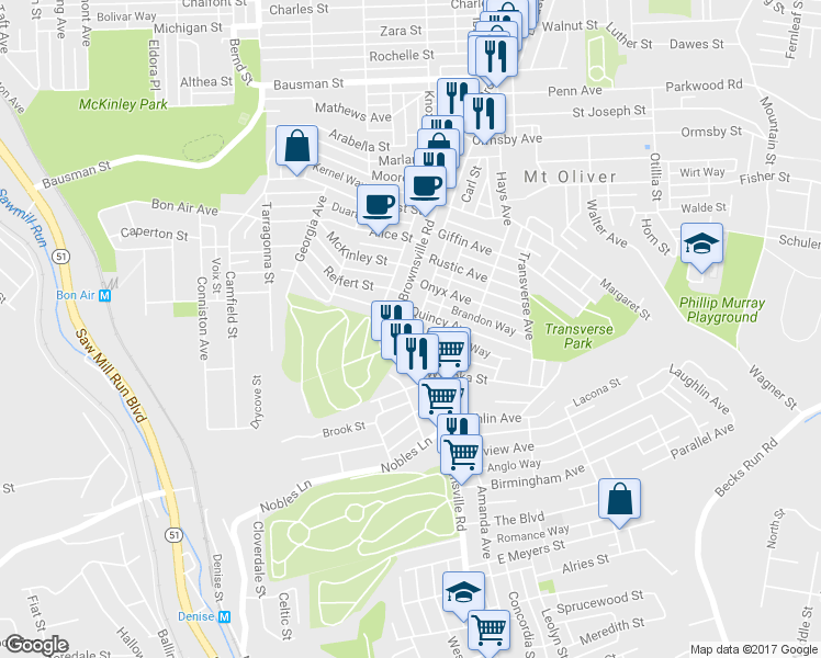 map of restaurants, bars, coffee shops, grocery stores, and more near 915 Brownsville Road in Pittsburgh