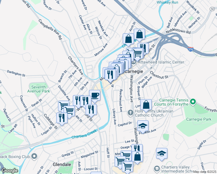 map of restaurants, bars, coffee shops, grocery stores, and more near 40 East Main Street in Carnegie