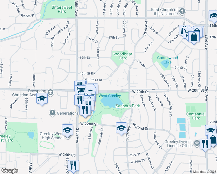 map of restaurants, bars, coffee shops, grocery stores, and more near 1946 29th Avenue in Greeley
