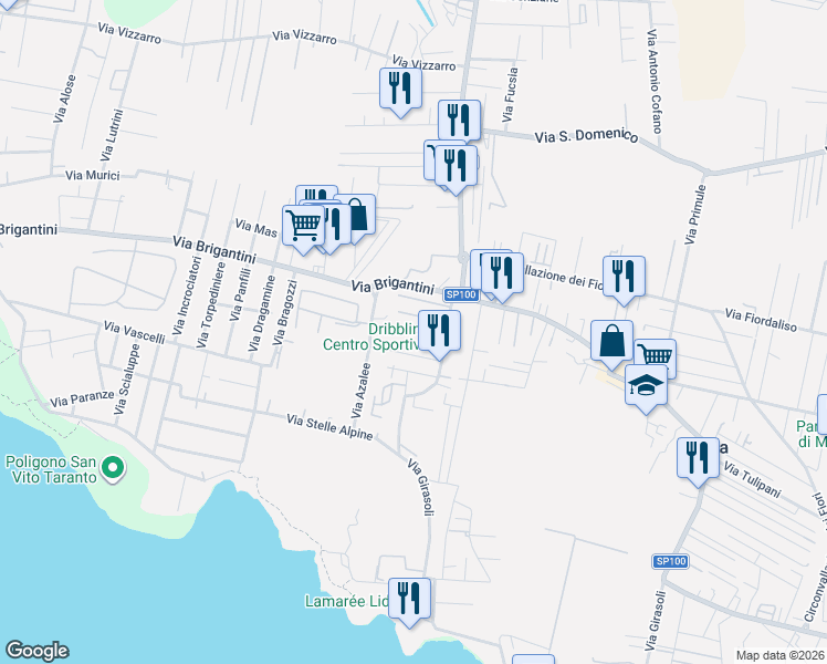 map of restaurants, bars, coffee shops, grocery stores, and more near Via Anthurium in Taranto