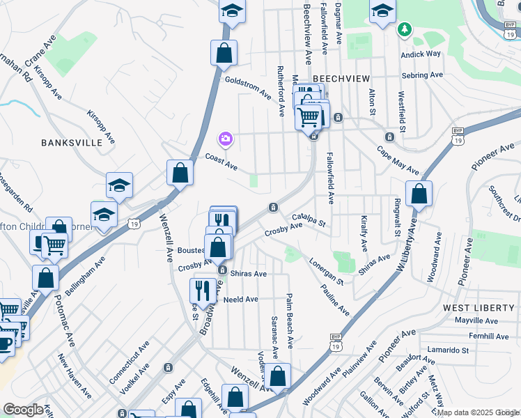 map of restaurants, bars, coffee shops, grocery stores, and more near 1922 Broadway Avenue in Pittsburgh