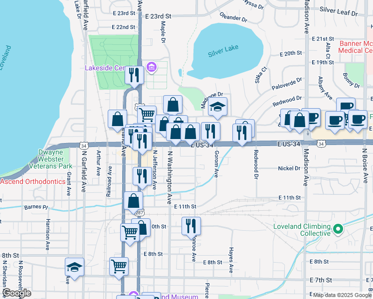 map of restaurants, bars, coffee shops, grocery stores, and more near 640 East Eisenhower Boulevard in Loveland