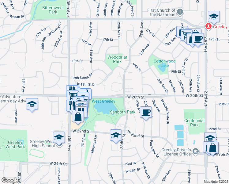 map of restaurants, bars, coffee shops, grocery stores, and more near 22 Cottonwood Creek Court in Greeley