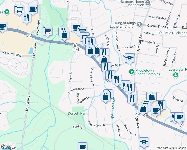 map of restaurants, bars, coffee shops, grocery stores, and more near 244 Cherry Tree Lane in Monmouth County