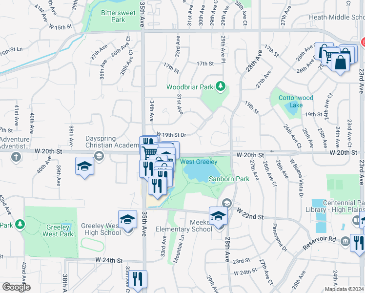 map of restaurants, bars, coffee shops, grocery stores, and more near 3151 West 20th Street in Greeley