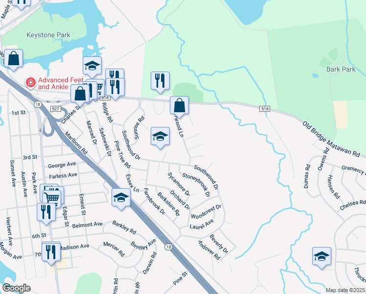map of restaurants, bars, coffee shops, grocery stores, and more near 9 Sherwood Lane in Old Bridge