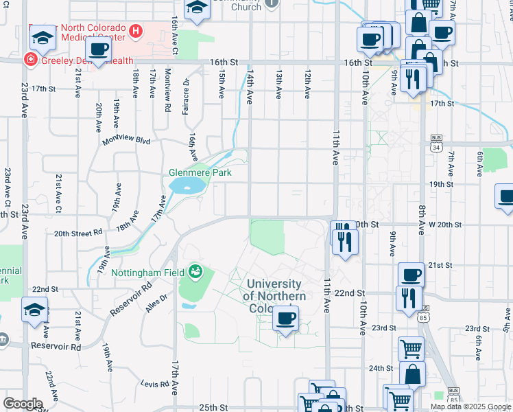 map of restaurants, bars, coffee shops, grocery stores, and more near 1928 14th Avenue in Greeley