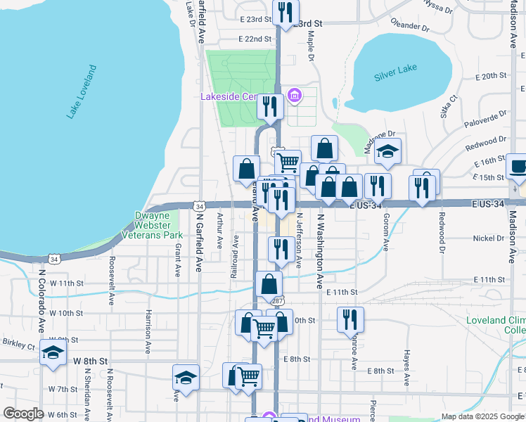map of restaurants, bars, coffee shops, grocery stores, and more near 1355 North Lincoln Avenue in Loveland