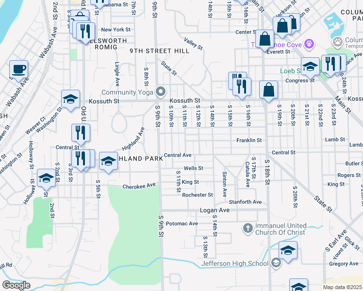 map of restaurants, bars, coffee shops, grocery stores, and more near 1008 S 11th St in Lafayette