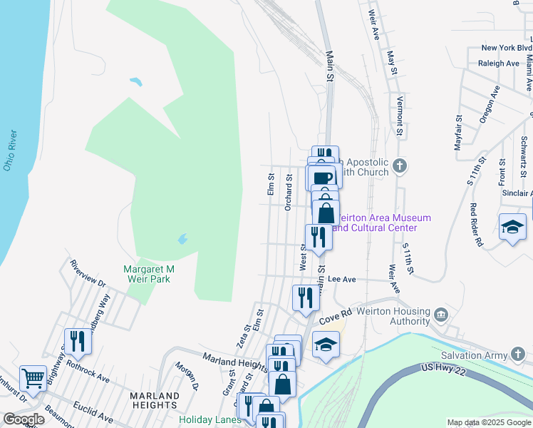 map of restaurants, bars, coffee shops, grocery stores, and more near 3111 Elm Street in Weirton