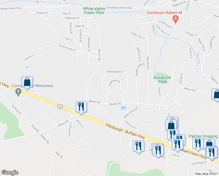map of restaurants, bars, coffee shops, grocery stores, and more near Fieldcrest Drive in Delmont