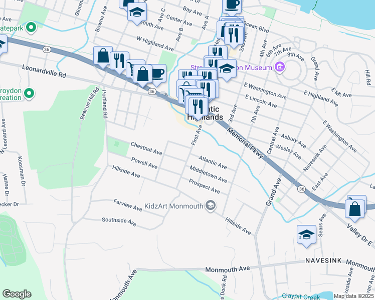 map of restaurants, bars, coffee shops, grocery stores, and more near 231 First Avenue in Atlantic Highlands