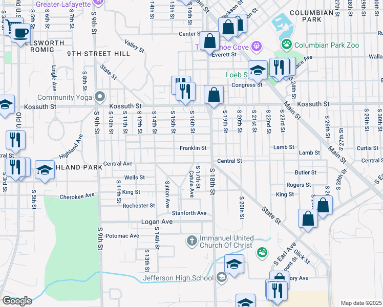 map of restaurants, bars, coffee shops, grocery stores, and more near 1004 South 16th Street in Lafayette