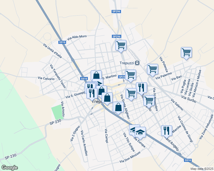 map of restaurants, bars, coffee shops, grocery stores, and more near 28 Via Assunta in Trepuzzi