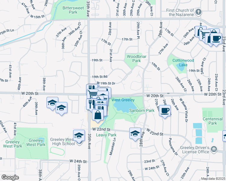 map of restaurants, bars, coffee shops, grocery stores, and more near 3151 West 20th Street in Greeley