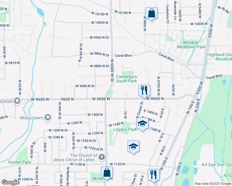 map of restaurants, bars, coffee shops, grocery stores, and more near 9634 North 6000 West in Highland