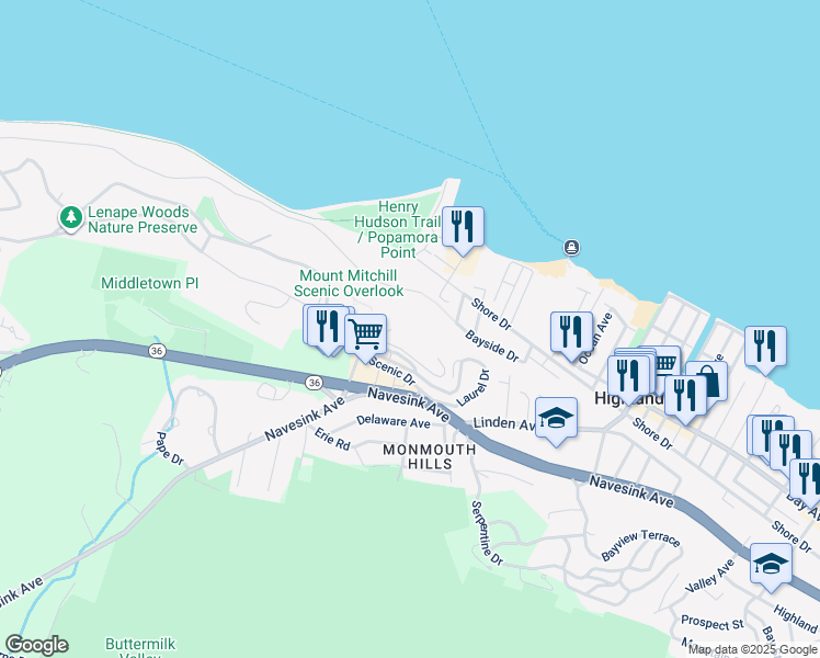 map of restaurants, bars, coffee shops, grocery stores, and more near 1 Scenic Drive in Highlands
