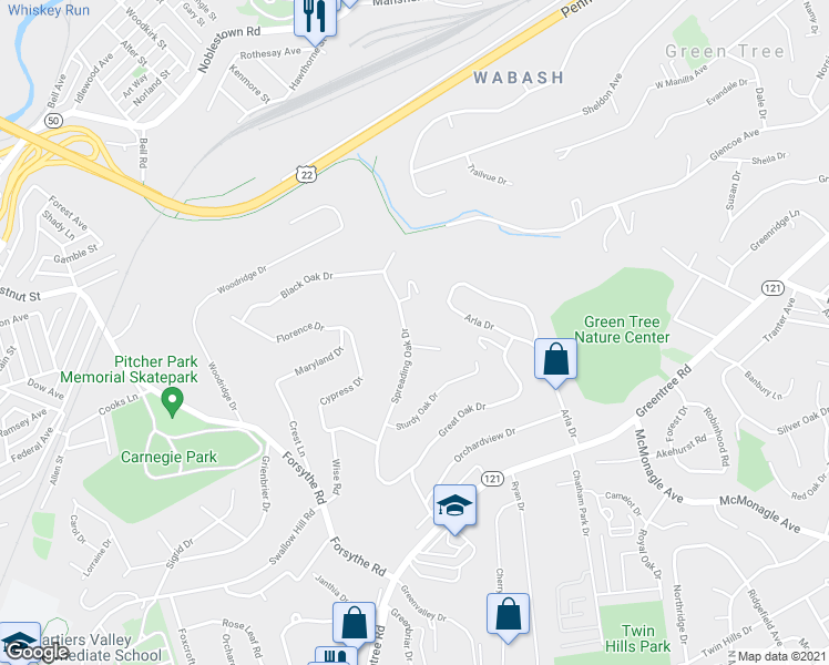 map of restaurants, bars, coffee shops, grocery stores, and more near 1397 Spreading Oak Dr in Pittsburgh