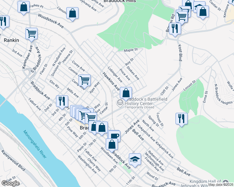 map of restaurants, bars, coffee shops, grocery stores, and more near 564 Hawkins Avenue in Braddock