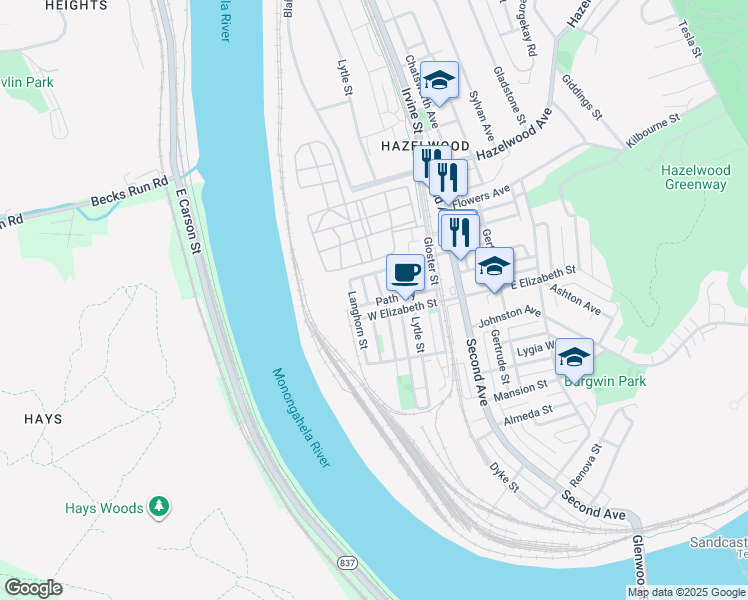 map of restaurants, bars, coffee shops, grocery stores, and more near 408 Path Way in Pittsburgh