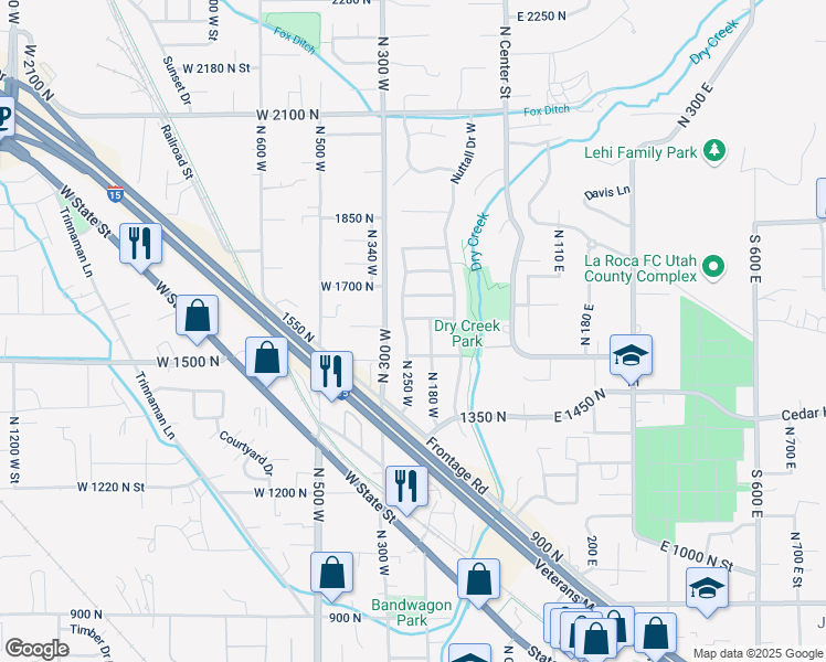 map of restaurants, bars, coffee shops, grocery stores, and more near 1552 North 250 West in Lehi