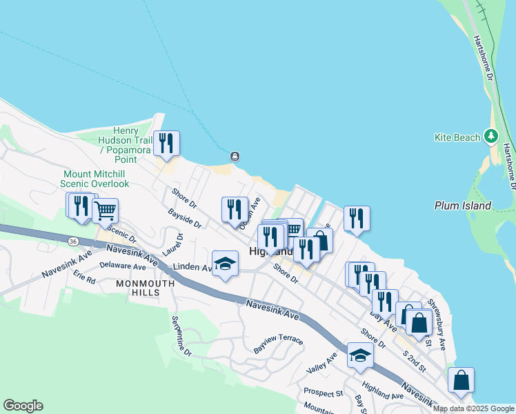 map of restaurants, bars, coffee shops, grocery stores, and more near 5 Ocean Ave in Highlands