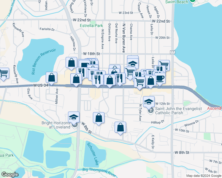 map of restaurants, bars, coffee shops, grocery stores, and more near 2016 West Eisenhower Boulevard in Loveland