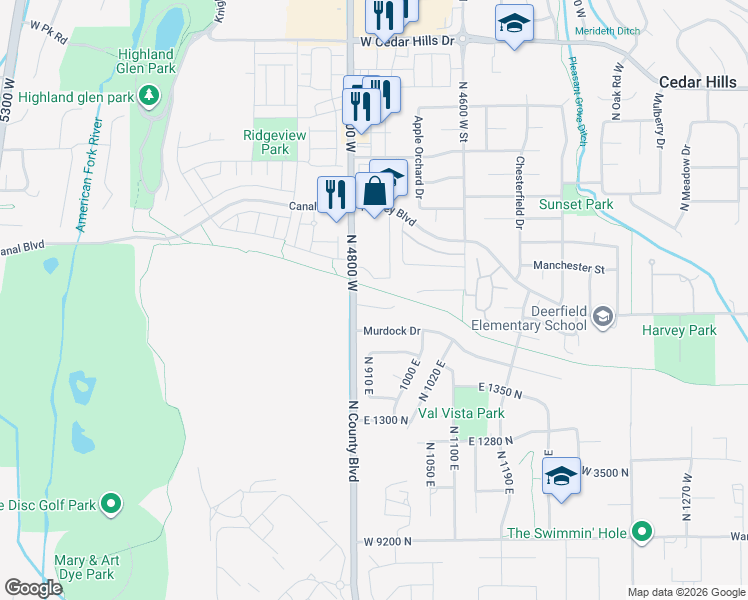 map of restaurants, bars, coffee shops, grocery stores, and more near 935 1520 North Circle in American Fork