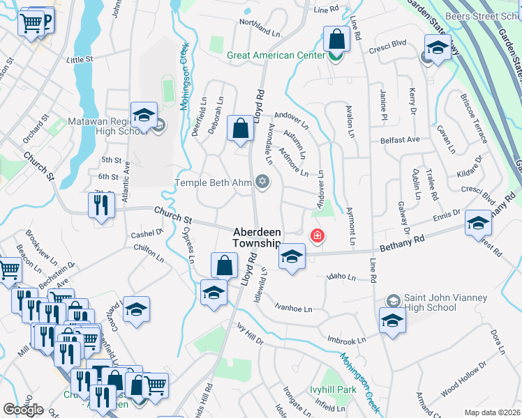 map of restaurants, bars, coffee shops, grocery stores, and more near 33 Avondale Lane in Aberdeen Township