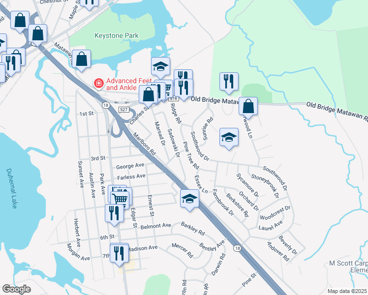 map of restaurants, bars, coffee shops, grocery stores, and more near 17 Pine Tree Road in Old Bridge