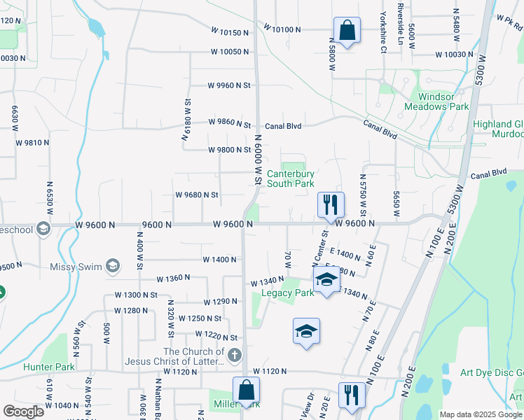 map of restaurants, bars, coffee shops, grocery stores, and more near 9634 North 6000 West in Highland